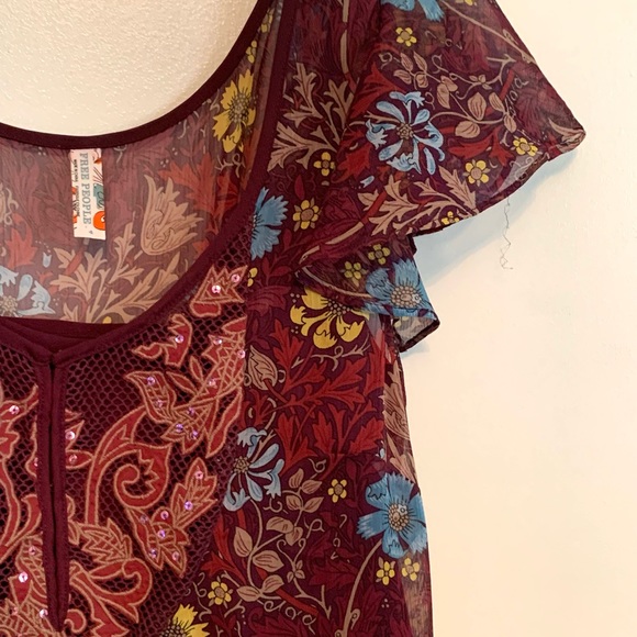 Free People Sheer Tunic Dress Floral 4 Small Flutter sleeve Festival Feminine - Picture 4 of 9